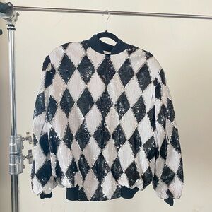 Laurence Kazar black and white sequin diamond harlequin bomber size large